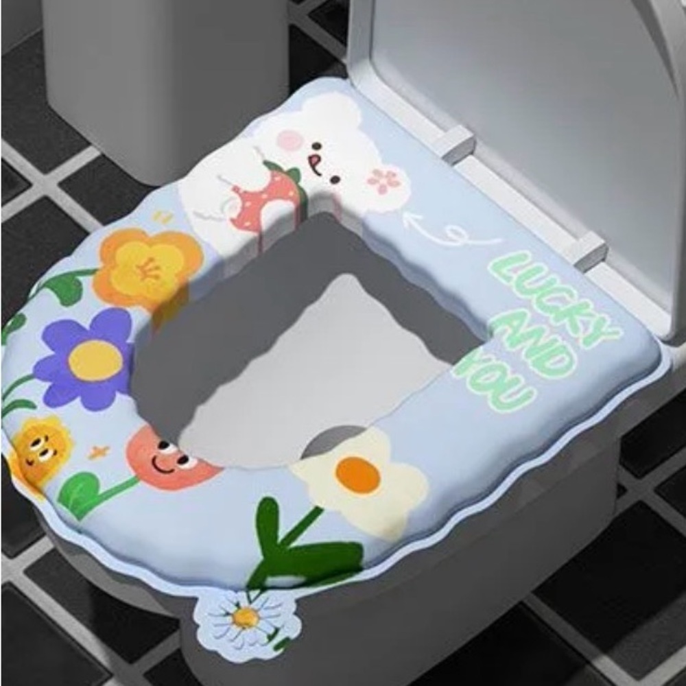 Cute Floral Toilet Seat Cover with white bear and colorful flowers